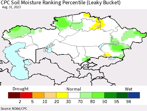 Kazakhstan CPC Soil Moisture Ranking Percentile (Leaky Bucket) Thematic Map For 8/26/2023 - 8/31/2023