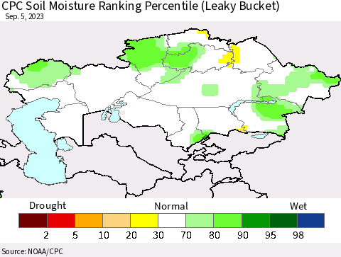 Kazakhstan CPC Soil Moisture Ranking Percentile (Leaky Bucket) Thematic Map For 9/1/2023 - 9/5/2023