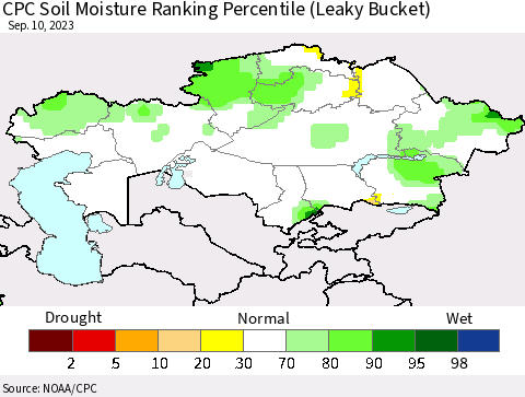 Kazakhstan CPC Soil Moisture Ranking Percentile (Leaky Bucket) Thematic Map For 9/6/2023 - 9/10/2023