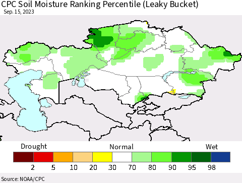 Kazakhstan CPC Soil Moisture Ranking Percentile (Leaky Bucket) Thematic Map For 9/11/2023 - 9/15/2023