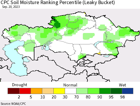 Kazakhstan CPC Soil Moisture Ranking Percentile (Leaky Bucket) Thematic Map For 9/16/2023 - 9/20/2023