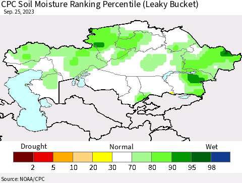 Kazakhstan CPC Soil Moisture Ranking Percentile (Leaky Bucket) Thematic Map For 9/21/2023 - 9/25/2023