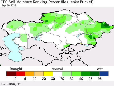 Kazakhstan CPC Soil Moisture Ranking Percentile (Leaky Bucket) Thematic Map For 9/26/2023 - 9/30/2023