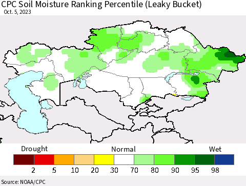 Kazakhstan CPC Soil Moisture Ranking Percentile (Leaky Bucket) Thematic Map For 10/1/2023 - 10/5/2023