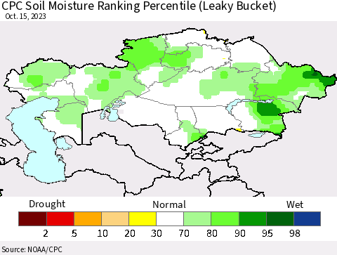Kazakhstan CPC Soil Moisture Ranking Percentile (Leaky Bucket) Thematic Map For 10/11/2023 - 10/15/2023