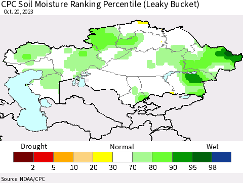 Kazakhstan CPC Soil Moisture Ranking Percentile (Leaky Bucket) Thematic Map For 10/16/2023 - 10/20/2023