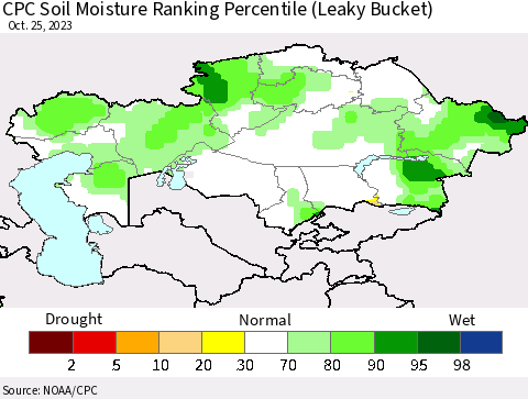 Kazakhstan CPC Soil Moisture Ranking Percentile (Leaky Bucket) Thematic Map For 10/21/2023 - 10/25/2023