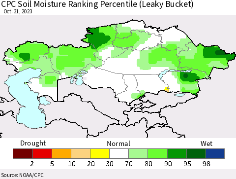 Kazakhstan CPC Soil Moisture Ranking Percentile (Leaky Bucket) Thematic Map For 10/26/2023 - 10/31/2023