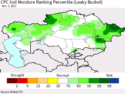 Kazakhstan CPC Soil Moisture Ranking Percentile (Leaky Bucket) Thematic Map For 11/1/2023 - 11/5/2023