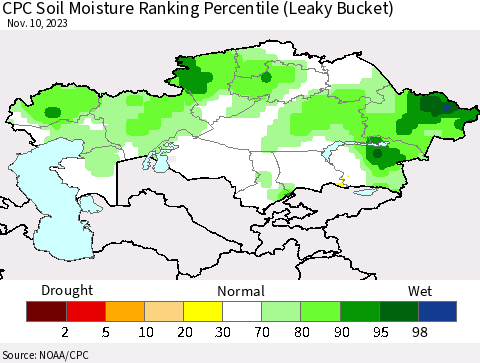 Kazakhstan CPC Soil Moisture Ranking Percentile (Leaky Bucket) Thematic Map For 11/6/2023 - 11/10/2023