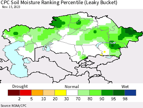 Kazakhstan CPC Soil Moisture Ranking Percentile (Leaky Bucket) Thematic Map For 11/11/2023 - 11/15/2023