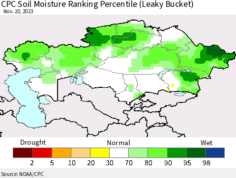 Kazakhstan CPC Soil Moisture Ranking Percentile (Leaky Bucket) Thematic Map For 11/16/2023 - 11/20/2023