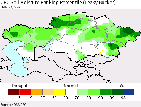 Kazakhstan CPC Soil Moisture Ranking Percentile (Leaky Bucket) Thematic Map For 11/21/2023 - 11/25/2023