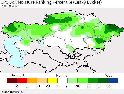 Kazakhstan CPC Soil Moisture Ranking Percentile (Leaky Bucket) Thematic Map For 11/26/2023 - 11/30/2023