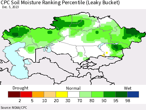 Kazakhstan CPC Soil Moisture Ranking Percentile (Leaky Bucket) Thematic Map For 12/1/2023 - 12/5/2023