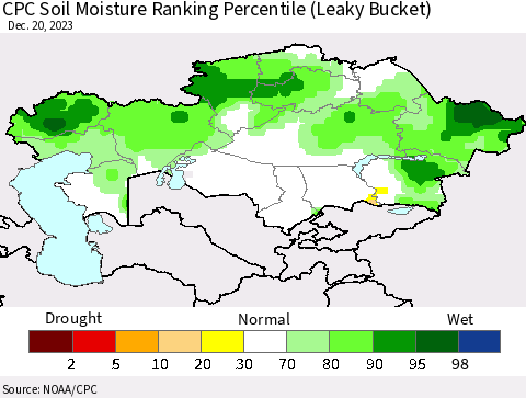 Kazakhstan CPC Soil Moisture Ranking Percentile (Leaky Bucket) Thematic Map For 12/16/2023 - 12/20/2023