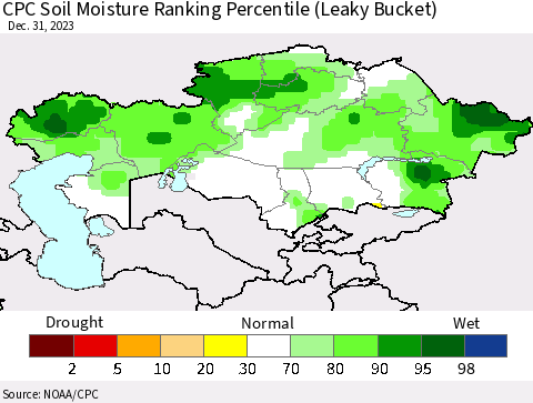 Kazakhstan CPC Soil Moisture Ranking Percentile (Leaky Bucket) Thematic Map For 12/26/2023 - 12/31/2023