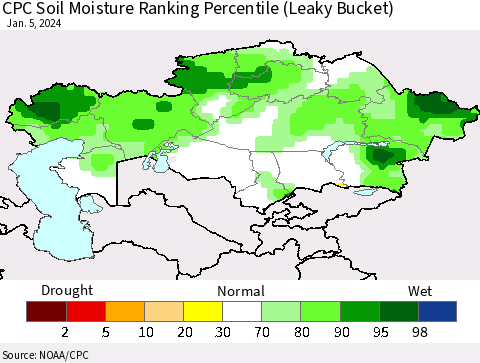 Kazakhstan CPC Soil Moisture Ranking Percentile (Leaky Bucket) Thematic Map For 1/1/2024 - 1/5/2024