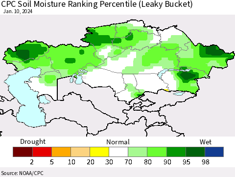 Kazakhstan CPC Soil Moisture Ranking Percentile (Leaky Bucket) Thematic Map For 1/6/2024 - 1/10/2024
