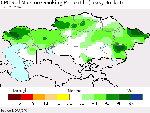 Kazakhstan CPC Soil Moisture Ranking Percentile (Leaky Bucket) Thematic Map For 1/16/2024 - 1/20/2024