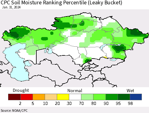 Kazakhstan CPC Soil Moisture Ranking Percentile (Leaky Bucket) Thematic Map For 1/26/2024 - 1/31/2024