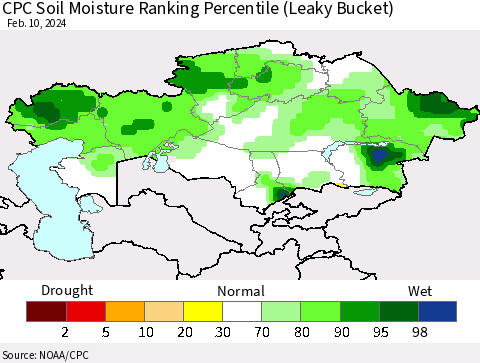 Kazakhstan CPC Soil Moisture Ranking Percentile (Leaky Bucket) Thematic Map For 2/6/2024 - 2/10/2024