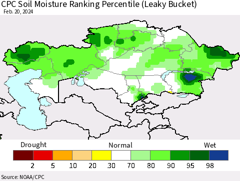 Kazakhstan CPC Soil Moisture Ranking Percentile (Leaky Bucket) Thematic Map For 2/16/2024 - 2/20/2024