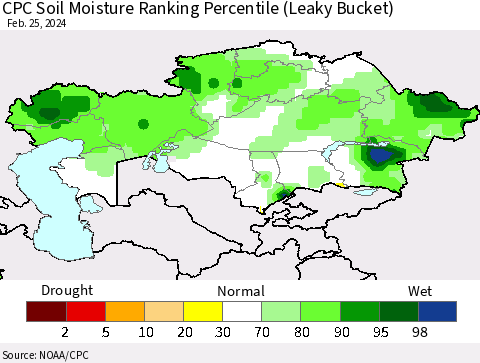 Kazakhstan CPC Soil Moisture Ranking Percentile (Leaky Bucket) Thematic Map For 2/21/2024 - 2/25/2024