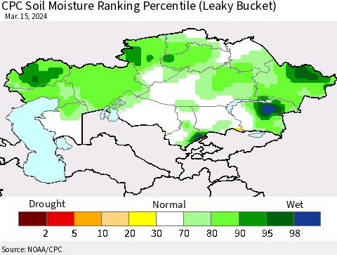 Kazakhstan CPC Soil Moisture Ranking Percentile (Leaky Bucket) Thematic Map For 3/11/2024 - 3/15/2024