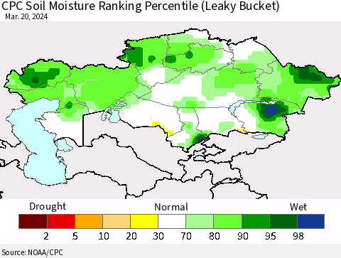 Kazakhstan CPC Soil Moisture Ranking Percentile (Leaky Bucket) Thematic Map For 3/16/2024 - 3/20/2024