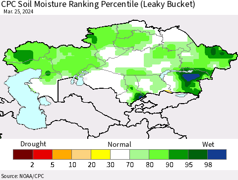 Kazakhstan CPC Soil Moisture Ranking Percentile (Leaky Bucket) Thematic Map For 3/21/2024 - 3/25/2024