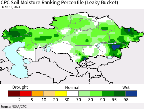 Kazakhstan CPC Soil Moisture Ranking Percentile (Leaky Bucket) Thematic Map For 3/26/2024 - 3/31/2024