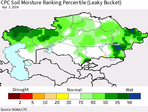 Kazakhstan CPC Soil Moisture Ranking Percentile (Leaky Bucket) Thematic Map For 4/1/2024 - 4/5/2024