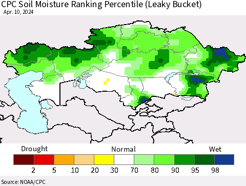 Kazakhstan CPC Soil Moisture Ranking Percentile (Leaky Bucket) Thematic Map For 4/6/2024 - 4/10/2024