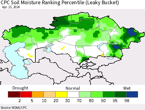 Kazakhstan CPC Soil Moisture Ranking Percentile (Leaky Bucket) Thematic Map For 4/11/2024 - 4/15/2024