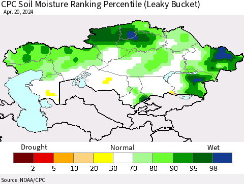 Kazakhstan CPC Soil Moisture Ranking Percentile (Leaky Bucket) Thematic Map For 4/16/2024 - 4/20/2024