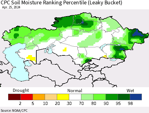 Kazakhstan CPC Soil Moisture Ranking Percentile (Leaky Bucket) Thematic Map For 4/21/2024 - 4/25/2024