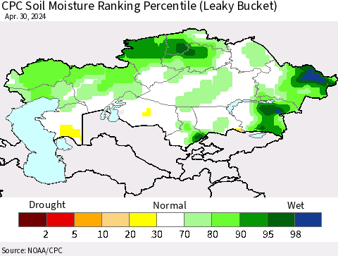 Kazakhstan CPC Soil Moisture Ranking Percentile (Leaky Bucket) Thematic Map For 4/26/2024 - 4/30/2024