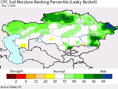 Kazakhstan CPC Soil Moisture Ranking Percentile (Leaky Bucket) Thematic Map For 5/1/2024 - 5/5/2024