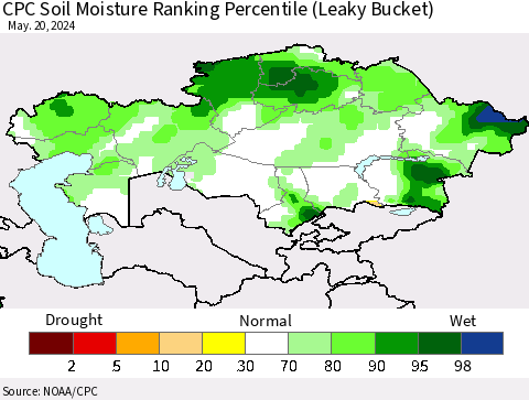 Kazakhstan CPC Soil Moisture Ranking Percentile (Leaky Bucket) Thematic Map For 5/16/2024 - 5/20/2024