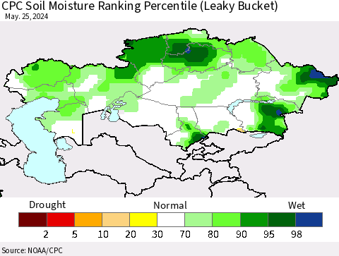 Kazakhstan CPC Soil Moisture Ranking Percentile (Leaky Bucket) Thematic Map For 5/21/2024 - 5/25/2024