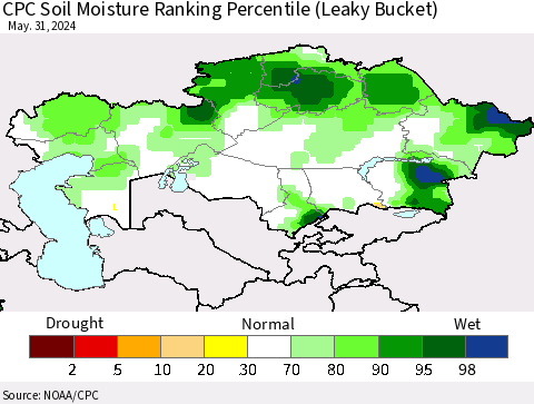 Kazakhstan CPC Soil Moisture Ranking Percentile (Leaky Bucket) Thematic Map For 5/26/2024 - 5/31/2024