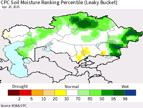 Kazakhstan CPC Soil Moisture Ranking Percentile (Leaky Bucket) Thematic Map For 4/16/2025 - 4/20/2025