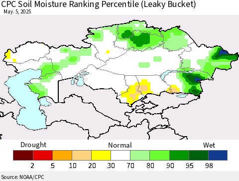 Kazakhstan CPC Soil Moisture Ranking Percentile (Leaky Bucket) Thematic Map For 5/1/2025 - 5/5/2025
