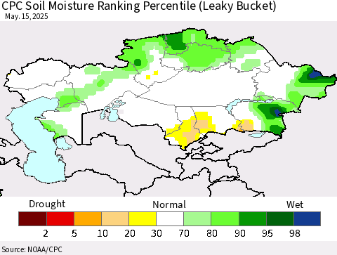 Kazakhstan CPC Soil Moisture Ranking Percentile (Leaky Bucket) Thematic Map For 5/11/2025 - 5/15/2025