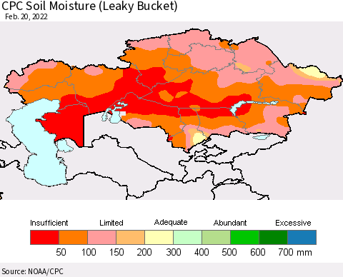 Kazakhstan CPC Soil Moisture (Leaky Bucket) Thematic Map For 2/16/2022 - 2/20/2022
