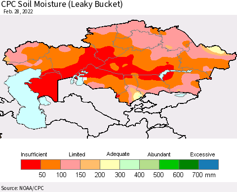 Kazakhstan CPC Soil Moisture (Leaky Bucket) Thematic Map For 2/26/2022 - 2/28/2022