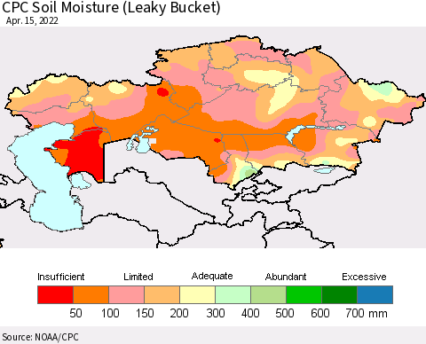 Kazakhstan CPC Soil Moisture (Leaky Bucket) Thematic Map For 4/11/2022 - 4/15/2022