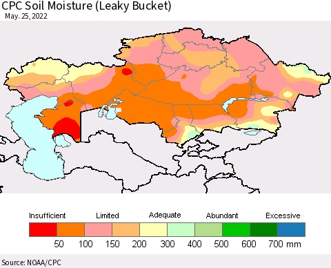 Kazakhstan CPC Soil Moisture (Leaky Bucket) Thematic Map For 5/21/2022 - 5/25/2022