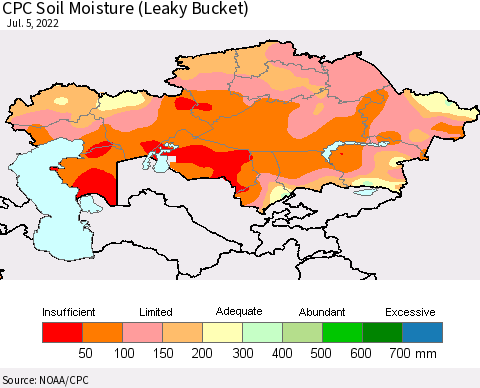 Kazakhstan CPC Soil Moisture (Leaky Bucket) Thematic Map For 7/1/2022 - 7/5/2022